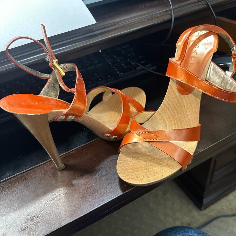 Casadei Orange Strappy Wood-Effect Stiletto Sandals